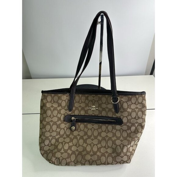 COACH TAYLOR PURSE Khaki & brown Signature C Jacquard Shoulder Tote Bag 37229 - Picture 1 of 11